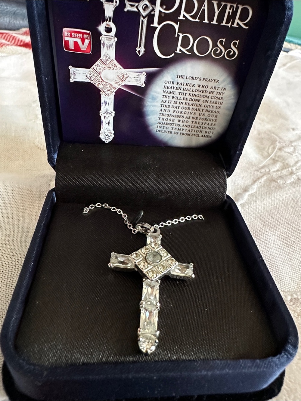 #44- Prayer Cross Pendant Necklace - Silver Crystal Cross